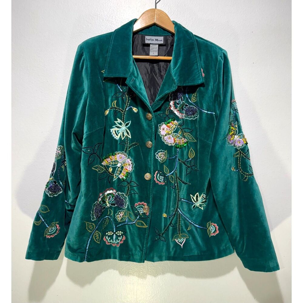 Indigo Moon velvet blazer jacket butterfly embroidery bohemian green women L